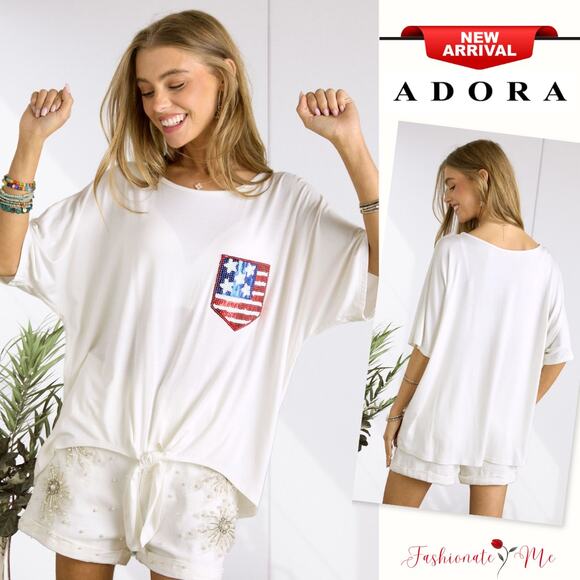 ADORA Sequin US Flag Pocket Half Sleeves Front Tie Detail Tunic Top | Off White - Picture 1 of 5